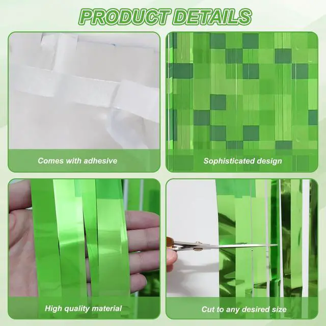 Alt view image 6 of 7 - Green Pixel Miner Foil Fringe Curtains - 2 Pack 3.3x6.6ft Metallic Video Game Birthday Photo Booth Backdrop, Door Streamers for Gamer Party Decorations & Room Wall Decor