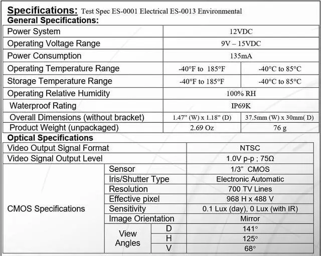 Alt view image 7 of 7 - VCAHD142RWT Color CMOS IR LED Right Side Camera, High Performance Color Optics, IP69K, Aluminum Housing, IR Low Light Assist, ASTM-B117, 12VDC