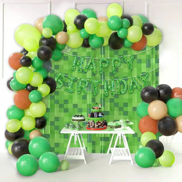 Alt view image 7 of 7 - Green Pixel Miner Foil Fringe Curtains - 2 Pack 3.3x6.6ft Metallic Video Game Birthday Photo Booth Backdrop, Door Streamers for Gamer Party Decorations & Room Wall Decor