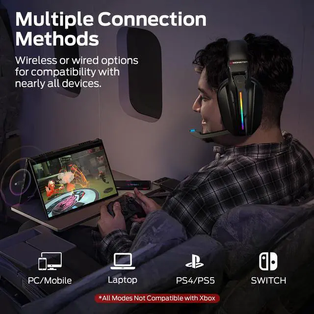 Alt view image 5 of 7 - Mission ANC200 Gaming Headset, 2.4GHz/Bluetooth Gaming Headphones with Active Noise Cancellation, 7.1 Virtual Surround Sound, Stealth Retractable Mic, 70H Battery, for PS5, PS4, PC, Switch