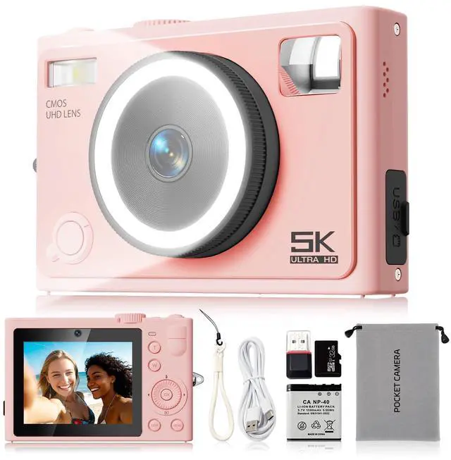 Main image of 5K 64MP Autofocus Digital Camera, 360° Ring Light with 32GB SD Card | Dual front & rear cameras with 5 instant filters | Oneclick skin smoothing | Pocketsized | 64MP stills capability