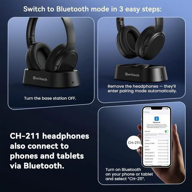 Alt view image 3 of 7 - Wireless TV Headphones with Charging Dock, 45H Playtime, Black | Bluetooth 5.3, 100ft Long Range, Clear Voice, No Audio Delay, Plug & Play Over-Ear Headset for Seniors