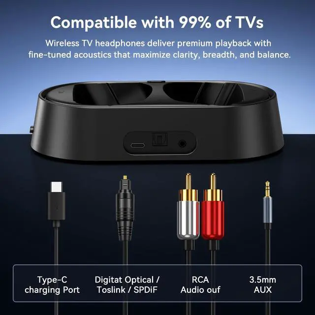 Alt view image 2 of 7 - Wireless TV Headphones with Charging Dock, 45H Playtime, Black | Bluetooth 5.3, 100ft Long Range, Clear Voice, No Audio Delay, Plug & Play Over-Ear Headset for Seniors