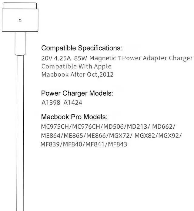 Alt view image 7 of 7 - Mac Book Pro Charger, AC 85w Magnetic T-Tip Power Adapter Charger Compatible with MacBook Pro 17/15/13 Inch (Retina, 2012-2015)