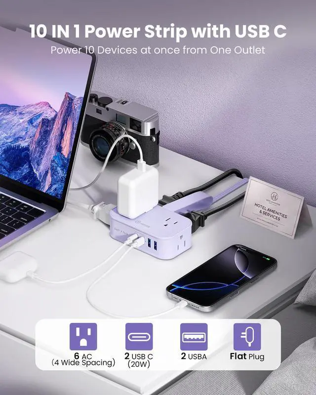 Alt view image 3 of 7 - 10in1 Cruise Approved Travel Power Strip USB C 20W,Travel Essential | for Cruise Hotel Airplane Beach Vacation,4ft Wrap Cord Flat Plug,6 Outlets (4 Widely Spaced),USB C Fast Charging,Travel Gifts