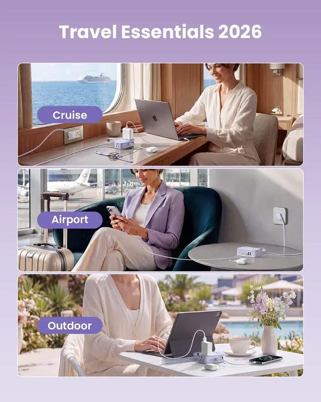 Alt view image 5 of 7 - 10in1 Cruise Approved Travel Power Strip USB C 20W,Travel Essential | for Cruise Hotel Airplane Beach Vacation,4ft Wrap Cord Flat Plug,6 Outlets (4 Widely Spaced),USB C Fast Charging,Travel Gifts