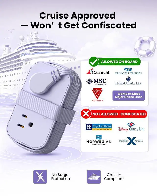 Alt view image 6 of 7 - 10in1 Cruise Approved Travel Power Strip USB C 20W,Travel Essential | for Cruise Hotel Airplane Beach Vacation,4ft Wrap Cord Flat Plug,6 Outlets (4 Widely Spaced),USB C Fast Charging,Travel Gifts