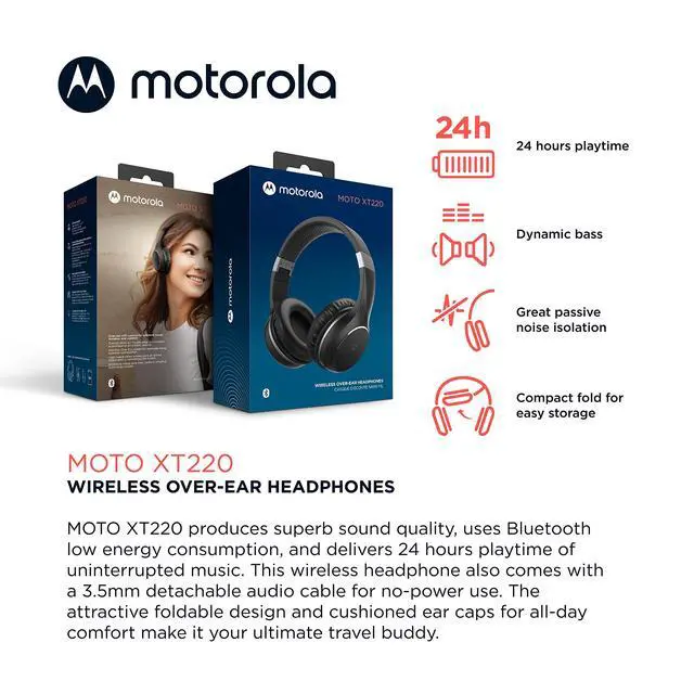 Alt view image 2 of 6 - Moto XT220 Bluetooth Wireless Headphones with Microphone, in-Line Control for Calls - Foldable Over-Ear Head Phones, Adjustable Headband, Dynamic Bass, Clear Sound - Black