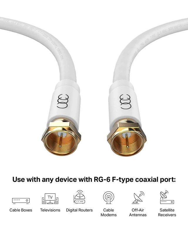 Alt view image 2 of 7 - RG6 Coaxial Cable 30 FT, CL3 White Coax Cord TV Cable Wire, in-Wall Rated-Digital Audio Video Satellite Cable Extension, Gold Plated Compression Connectors - White
