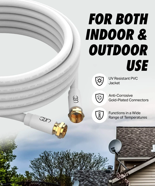 Alt view image 5 of 7 - RG6 Coaxial Cable 30 FT, CL3 White Coax Cord TV Cable Wire, in-Wall Rated-Digital Audio Video Satellite Cable Extension, Gold Plated Compression Connectors - White