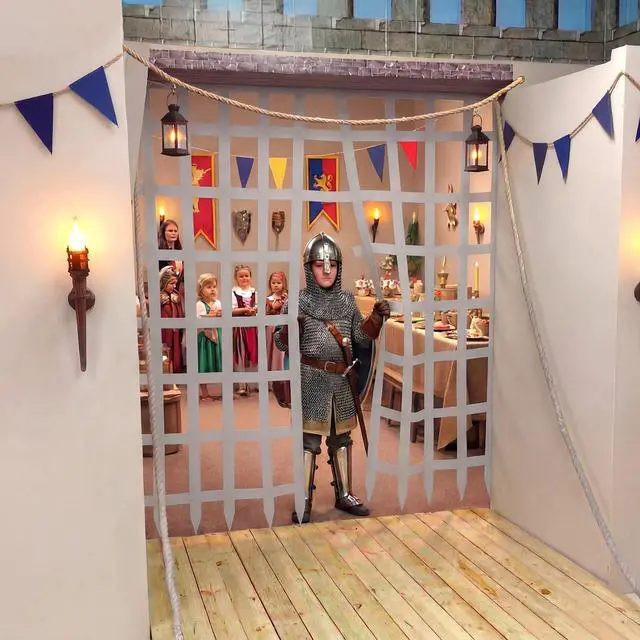 Alt view image 5 of 6 - 1 Pcs Medieval Themed Party Decorations 4.9 ft Prison Fence Door Cover Medieval Birthday Castle Backdrop Renaissance Party Decorations for Knight Castle Birthday Photo Props Background