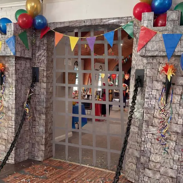 Alt view image 6 of 6 - 1 Pcs Medieval Themed Party Decorations 4.9 ft Prison Fence Door Cover Medieval Birthday Castle Backdrop Renaissance Party Decorations for Knight Castle Birthday Photo Props Background