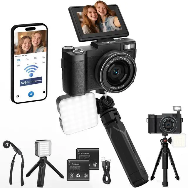 Main image of 5K Vlogging Camera with WiFi 4K Digital Camera for Photography | Flip Screen, Slow Motion, Self-timer, 64MP Video Camera for Youtube with Selfie Light, Desk Tripod, Batteries, Strap