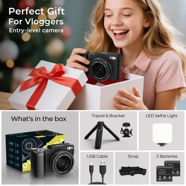 Alt view image 7 of 7 - 5K Vlogging Camera with WiFi 4K Digital Camera for Photography | Flip Screen, Slow Motion, Self-timer, 64MP Video Camera for Youtube with Selfie Light, Desk Tripod, Batteries, Strap