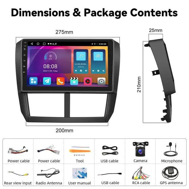 Alt view image 7 of 7 - 2G+64G Car Stereo for Subaru Forester Impreza WRX 2008-2012 Wireless CarPlay Android Auto Bluetooth,EQ Android 13 9" Inch HD Touchscreen WiFi GPS Mirror Link 26-UI FM/RDS USB SWC+Backup Camera Mic