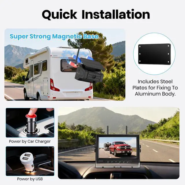 Alt view image 2 of 7 - Magnetic Solar Wireless Backup Camera for Trailer: No Wiring Quick Install 7" HD 2-Split Monitor Rechargeable Battery IP68 Rearview Camera System for RV Truck Camper Horse Trailer Camera