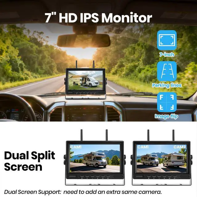 Alt view image 5 of 7 - Magnetic Solar Wireless Backup Camera for Trailer: No Wiring Quick Install 7" HD 2-Split Monitor Rechargeable Battery IP68 Rearview Camera System for RV Truck Camper Horse Trailer Camera