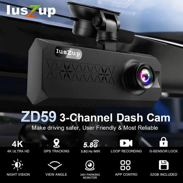 Alt view image 2 of 7 - 4K 3 Channel Dash Cam Front and Rear - Dash Camera for Cars - 5.8GHz WiFi GPS dashcam with IR Night Vision, 2.5K+1080P*2 Triple Car Camera 3.16" IPS, 32GB Card, G-Sensor, 24H Parking Mode