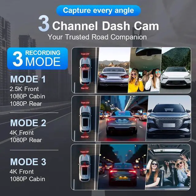 Alt view image 4 of 7 - 4K 3 Channel Dash Cam Front and Rear - Dash Camera for Cars - 5.8GHz WiFi GPS dashcam with IR Night Vision, 2.5K+1080P*2 Triple Car Camera 3.16" IPS, 32GB Card, G-Sensor, 24H Parking Mode