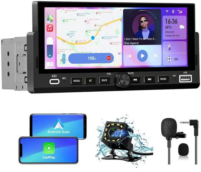Main image of Single Din Car Stereo, 6.86 Inch CarPlay & Android Auto HD IPS Touchscreen Radio with Bluetooth with Backup Camera, Support USB Type-C Charging/USB/Mirror Link/Microphone/FM/EQ (B) (6.86 in)