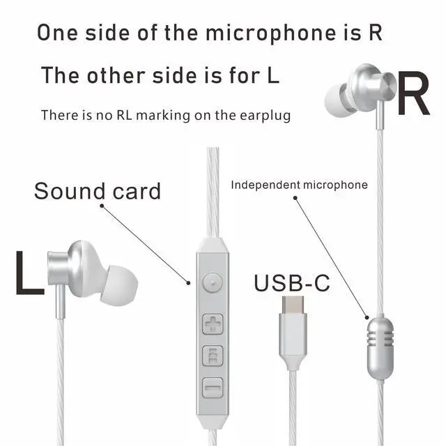 Alt view image 4 of 7 - USB-C in-Ear Wired Headphones,Earbuds, with high-Fidelity Sound Card, 5-Mode Audio, Low-Latency Gaming, KTV Vocal Enhancement-White