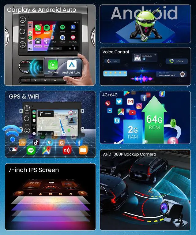 Alt view image 4 of 7 - Car Stereo for Ford F150 F250 F350 E250 E350 Fusion Edge Explorer | Radio with 7inch Touchscreen Wireless CarPlay Android Auto Bluetooth GPS FM/RDS SWC DAB+ OBD2 Backup Camera 2G+64G WiFi