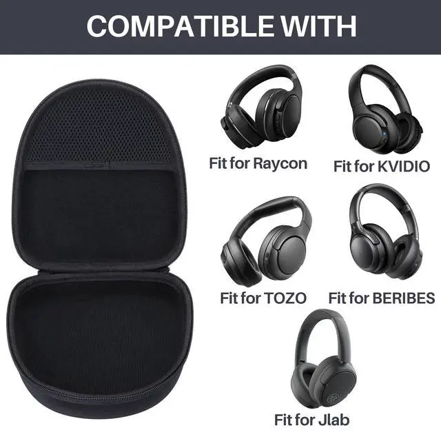 Alt view image 2 of 7 - Headphone Case Compatible with KVIDIO/TOZO/BERIBES/JLab/Raycon Over-Ear Headphones, Universal Portable Travel Organizer (Black Case)