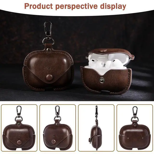 Alt view image 3 of 7 - Charging Case Cover for Apple Airpods Pro 3 (2025). Elegant Retro-Style PU Leather, Protective Portable Shockproof Case with Key Chain, LED Visibility for Easy Status CheckCoffee