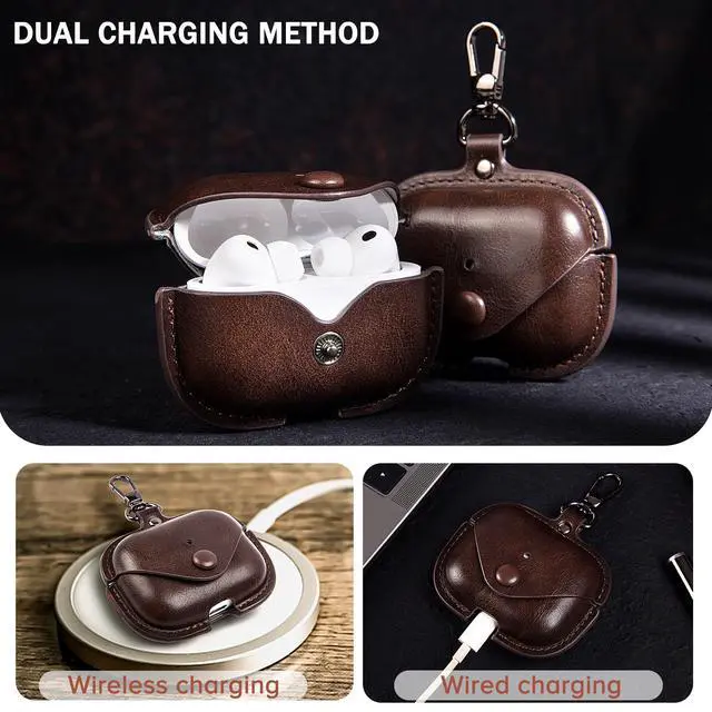 Alt view image 7 of 7 - Charging Case Cover for Apple Airpods Pro 3 (2025). Elegant Retro-Style PU Leather, Protective Portable Shockproof Case with Key Chain, LED Visibility for Easy Status CheckCoffee