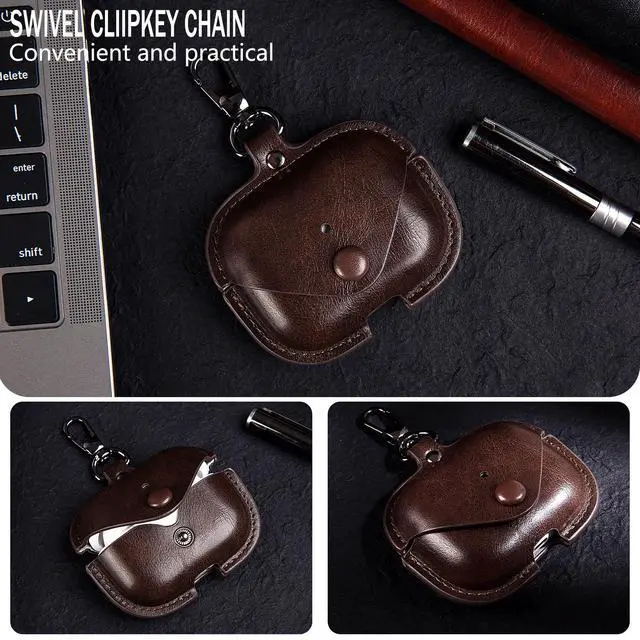 Alt view image 6 of 7 - Charging Case Cover for Apple Airpods Pro 3 (2025). Elegant Retro-Style PU Leather, Protective Portable Shockproof Case with Key Chain, LED Visibility for Easy Status CheckCoffee