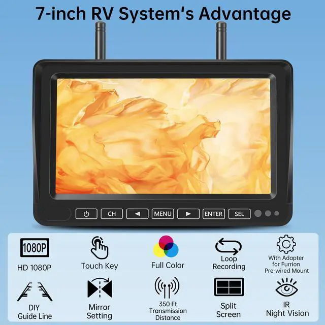 Alt view image 2 of 7 - Dual Wireless Backup Camera for RV Truck with 7" 1080P Monitor System | 350ft Stable Range, 4CH DVR Loop Recording, Dual Antennas, IP69K Waterproof, IR Night Vision for Trailer Camper Pickup Boat