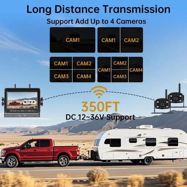 Alt view image 4 of 7 - Dual Wireless Backup Camera for RV Truck with 7" 1080P Monitor System | 350ft Stable Range, 4CH DVR Loop Recording, Dual Antennas, IP69K Waterproof, IR Night Vision for Trailer Camper Pickup Boat