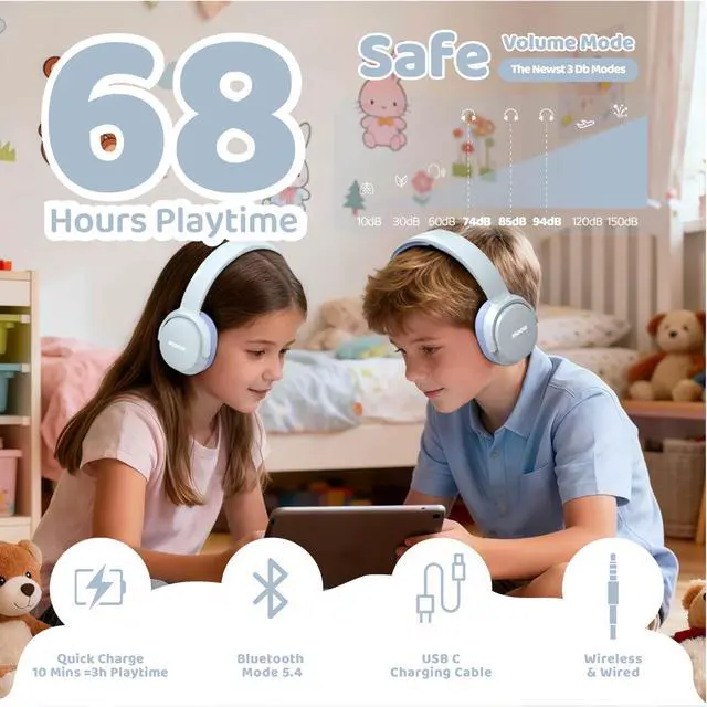 Alt view image 2 of 7 - Headphones For Kids Bluetooth 5.4 Wireless 68H Play Time Volume Limit 85/94dB Over-Ear Foldable Headset,with Mic Wired Aux for Toddler Child Boy Girl School Pad Tablet Light Silver(Gray)/Purple