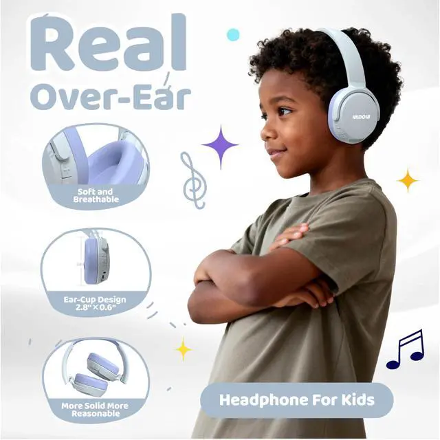 Alt view image 3 of 7 - Headphones For Kids Bluetooth 5.4 Wireless 68H Play Time Volume Limit 85/94dB Over-Ear Foldable Headset,with Mic Wired Aux for Toddler Child Boy Girl School Pad Tablet Light Silver(Gray)/Purple