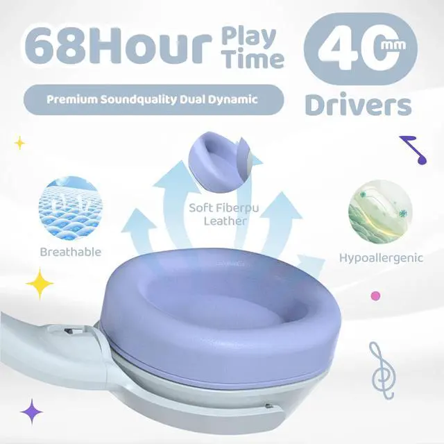 Alt view image 4 of 7 - Headphones For Kids Bluetooth 5.4 Wireless 68H Play Time Volume Limit 85/94dB Over-Ear Foldable Headset,with Mic Wired Aux for Toddler Child Boy Girl School Pad Tablet Light Silver(Gray)/Purple