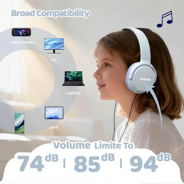 Alt view image 6 of 7 - Headphones For Kids Bluetooth 5.4 Wireless 68H Play Time Volume Limit 85/94dB Over-Ear Foldable Headset,with Mic Wired Aux for Toddler Child Boy Girl School Pad Tablet Light Silver(Gray)/Purple