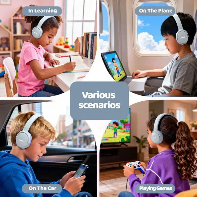 Alt view image 7 of 7 - Headphones For Kids Bluetooth 5.4 Wireless 68H Play Time Volume Limit 85/94dB Over-Ear Foldable Headset,with Mic Wired Aux for Toddler Child Boy Girl School Pad Tablet Light Silver(Gray)/Purple