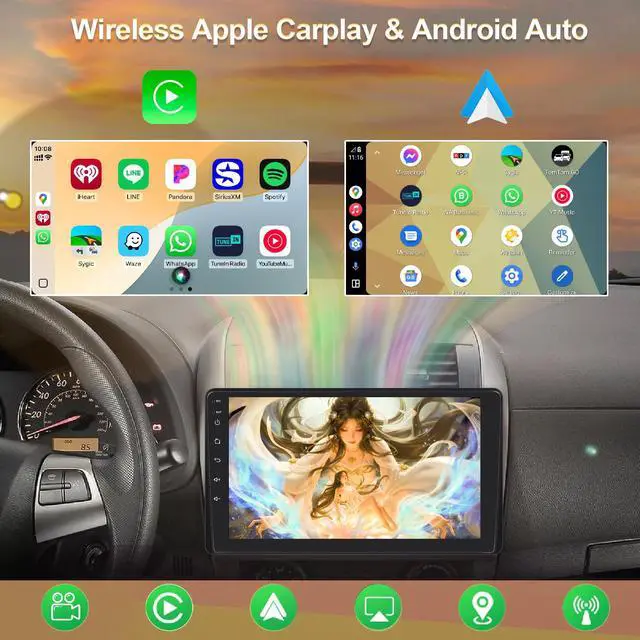 Alt view image 2 of 7 - 9'' Single Din Car Stereo with Wireless Apple Carplay Android Auto | FM Radio Bluetooth 5.2, IPS Touchscreen Big Screen, HD Backup Camera, Digitial Audio Receiver, GPS Navigation, 180 Watts