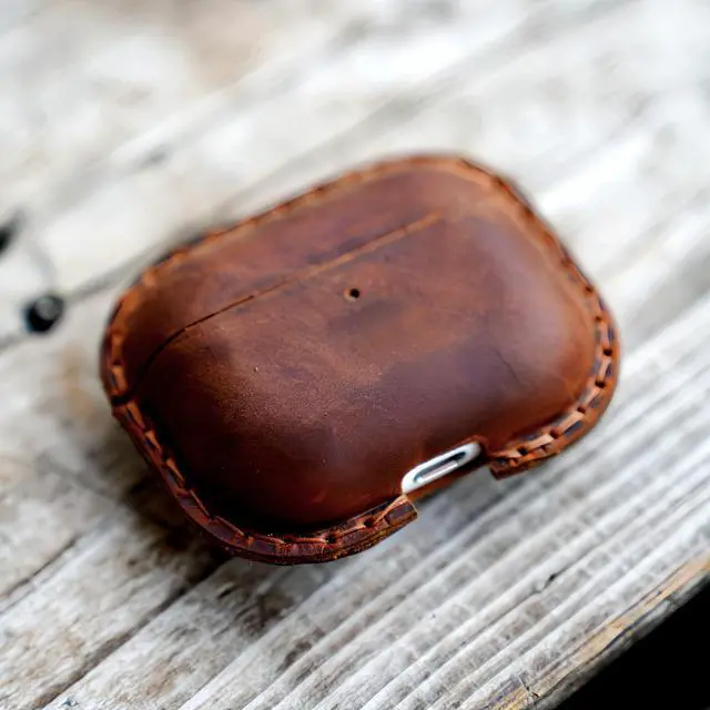 Alt view image 3 of 7 - Genuine Vintage Leather Distressed Leather for Airpods Pro 3 3rd Gen (2025) Wireless Charging Protective Cover Earbud Case Compatible with MagSafe Brown