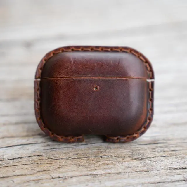 Alt view image 5 of 7 - Genuine Vintage Leather Distressed Leather for Airpods Pro 3 3rd Gen (2025) Wireless Charging Protective Cover Earbud Case Compatible with MagSafe Brown