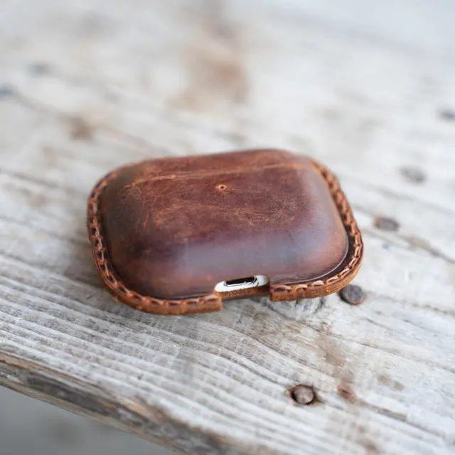 Alt view image 6 of 7 - Genuine Vintage Leather Distressed Leather for Airpods Pro 3 3rd Gen (2025) Wireless Charging Protective Cover Earbud Case Compatible with MagSafe Brown
