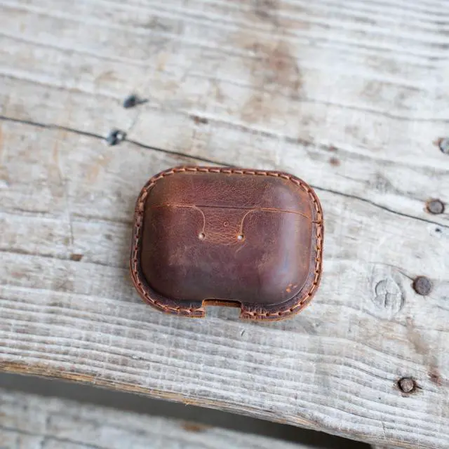 Alt view image 7 of 7 - Genuine Vintage Leather Distressed Leather for Airpods Pro 3 3rd Gen (2025) Wireless Charging Protective Cover Earbud Case Compatible with MagSafe Brown