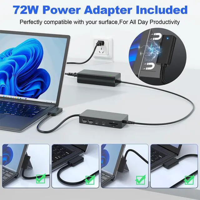 Alt view image 6 of 7 - Surface Docking Station with Power Adapter, 11-in-1 Surface Dock, Dual Monitor 4K HDMI & VGA, Ethernet, USB Hub, SD/TF Card Reader for Surface Pro/Laptop/Book (HDMI + VGA)