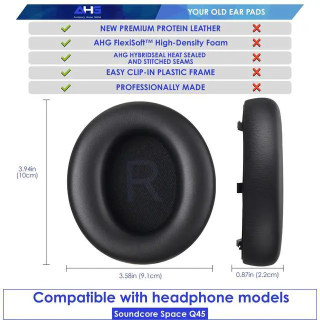 Alt view image 3 of 7 - AHG Premium Replacement Sound core Space q45 Headphones Ear Pads/Space Q45 Ear Cushions Compatible with Anker Soundcore Space Q45 Headphones (Black). Premium Protein Leather | High-Density Foam