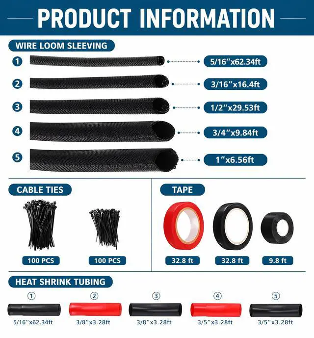 Alt view image 2 of 7 - Split Wire Loom Kit, Wiring Harness Protection with Heat Shrink Tubing | Master Wire Loom Kit with Split Loom, Heat Shrink Tubing & Braided Sleeves, No-Chew Cord Protection for Car, Truck & RV