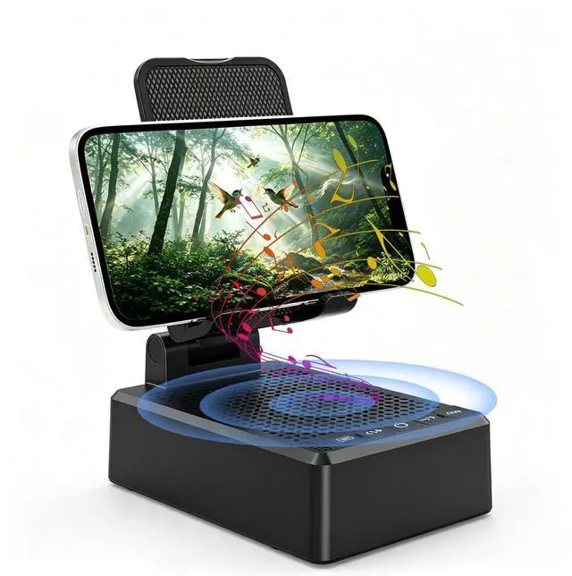 Main image of Cell Phone Stand with Wireless Bluetooth Speaker, Adjustable Angle,Foldable Stand HD Surround Sound for Home, Compatible with All iPhone/Android Phones, Cool Gadget Gift for Men Women Dad Mom