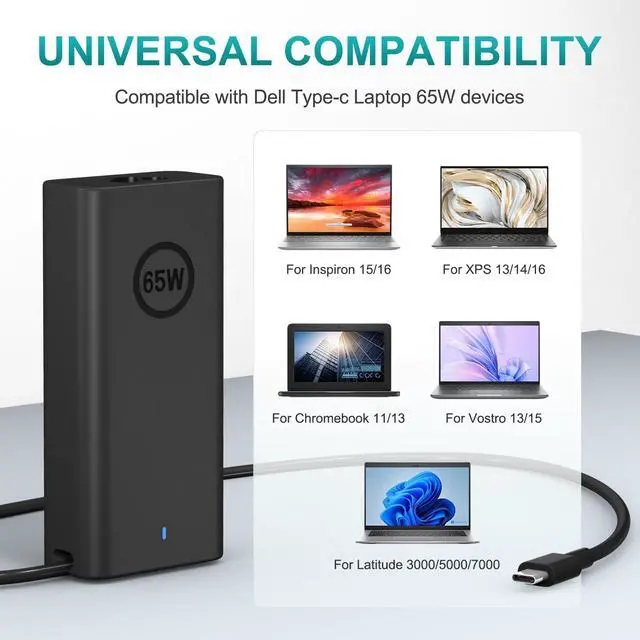 Alt view image 4 of 7 - Replacement for Dell Laptop Charger 65W USB-C and All Type C Power Adapter | Charger for Dell Latitude Charger 5320 5520 5530 7200 7320 7330 2-in-1 Chromebook 11 13 XPS 13 15 Included Power Cord