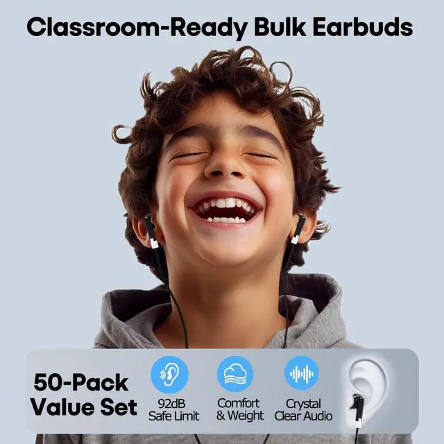 Alt view image 3 of 7 - 50-Pack Kids Bulk Earbuds for Classroom, Individually Bagged Wired Headphones for Students, School Headsets for ESL & State Testing, in-Ear Stereo for Chromebook & Audiometer (Black)