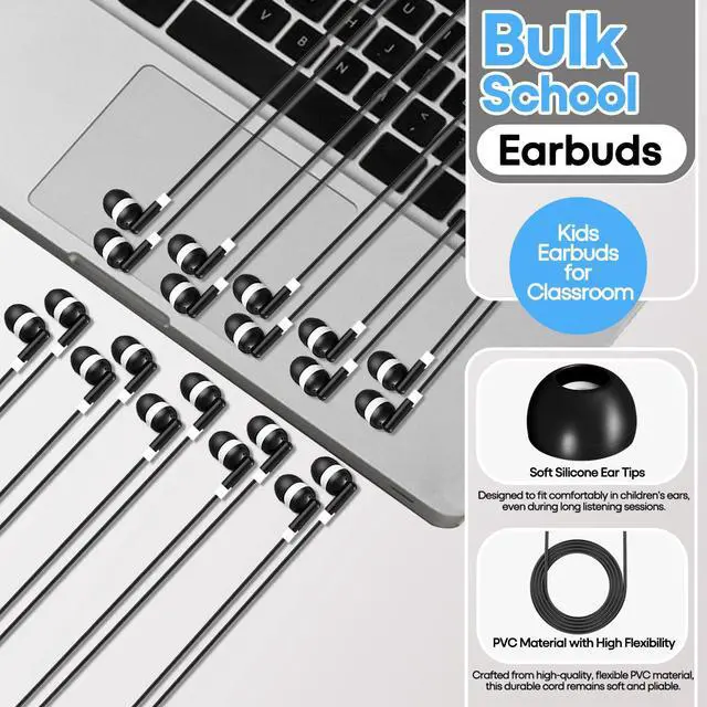 Alt view image 2 of 7 - 50-Pack Kids Bulk Earbuds for Classroom, Individually Bagged Wired Headphones for Students, School Headsets for ESL & State Testing, in-Ear Stereo for Chromebook & Audiometer (Black)