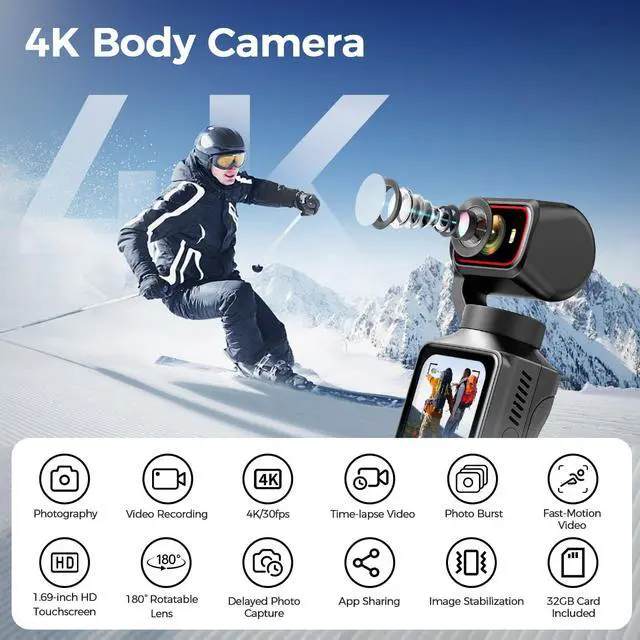 Alt view image 2 of 7 - 4K Vlogging Camera WiFi, 6-Axis Stabilization Handheld POV Camera with 32GB | Pocket Camera with 180° Rotating Lens, Touchscreen, Personal Body Camera for Travel, Vlog, Selfies, Sports & Daily